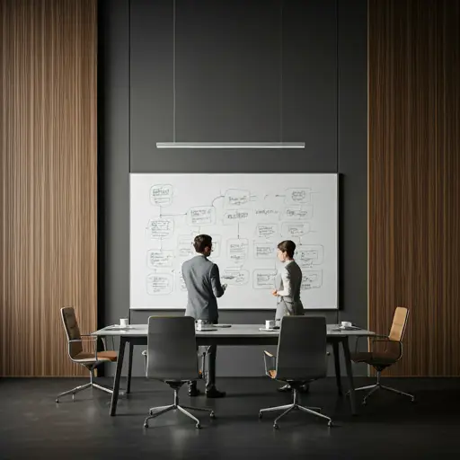 2 people looking over business solutions on a white board, in a board room