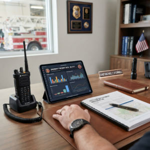 Desk with radio and tablet in a fire hall