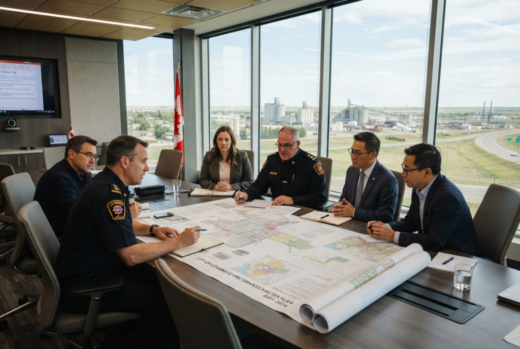 A conference room with fire executives discussing master plans.